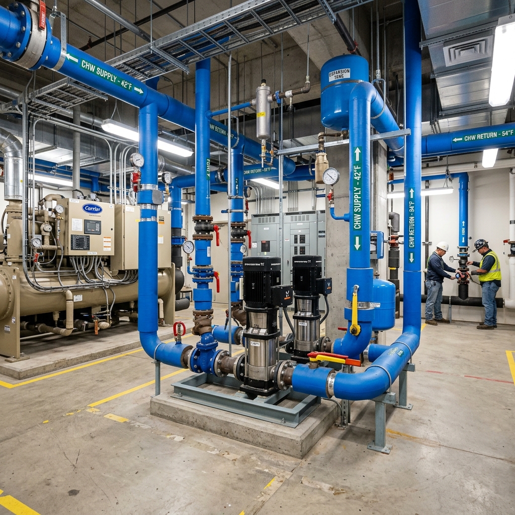 Chiller water plant piping systems